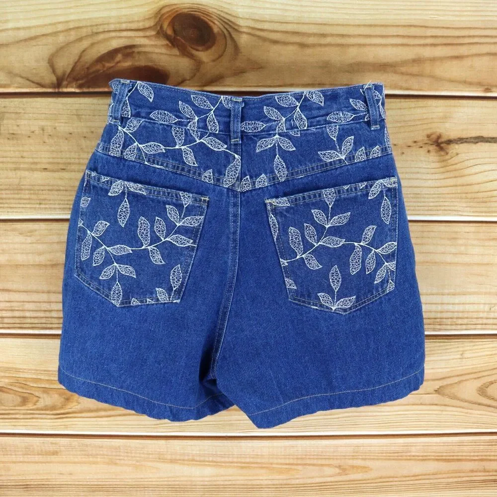 Isabel U.S.A.‎ Jean Shorts Womens Size 12 Blue Denim Embroidered Leaves